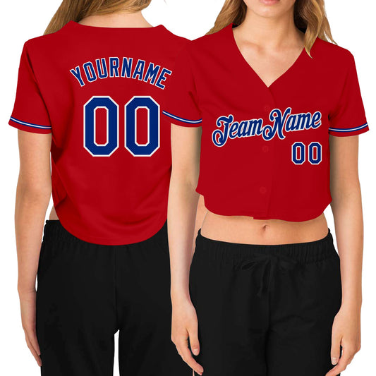 Custom Women's Red Royal-White V-Neck Cropped Baseball Jersey - Sky-Custom