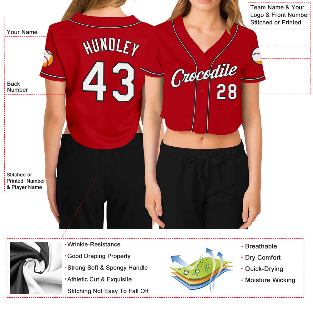 Custom Women's Red White-Black V-Neck Cropped Baseball Jersey - Sky-Custom