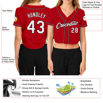 Custom Women's Red White-Black V-Neck Cropped Baseball Jersey - Sky-Custom