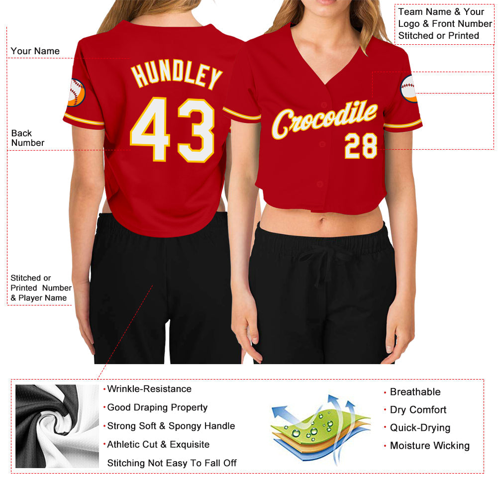 Custom Women's Red White-Gold V-Neck Cropped Baseball Jersey - Sky-Custom