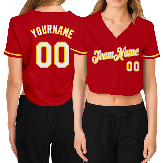 Custom Women's Red White-Gold V-Neck Cropped Baseball Jersey - Sky-Custom