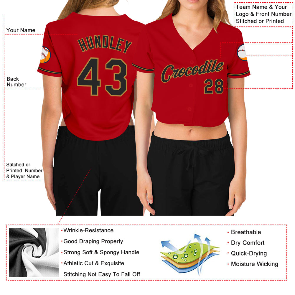 Custom Women's Red Black-Old Gold V-Neck Cropped Baseball Jersey - Sky-Custom