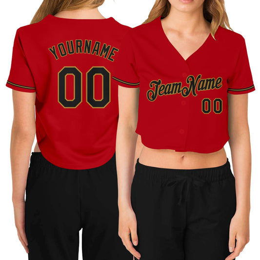 Custom Women's Red Black-Old Gold V-Neck Cropped Baseball Jersey - Sky-Custom