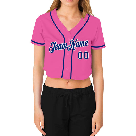 Custom Women's Pink Royal-White V-Neck Cropped Baseball Jersey - Sky-Custom