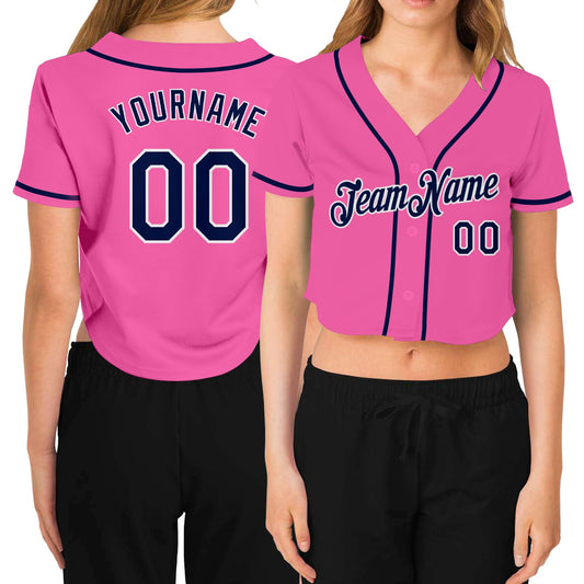 Custom Women's Pink Navy-White V-Neck Cropped Baseball Jersey - Sky-Custom