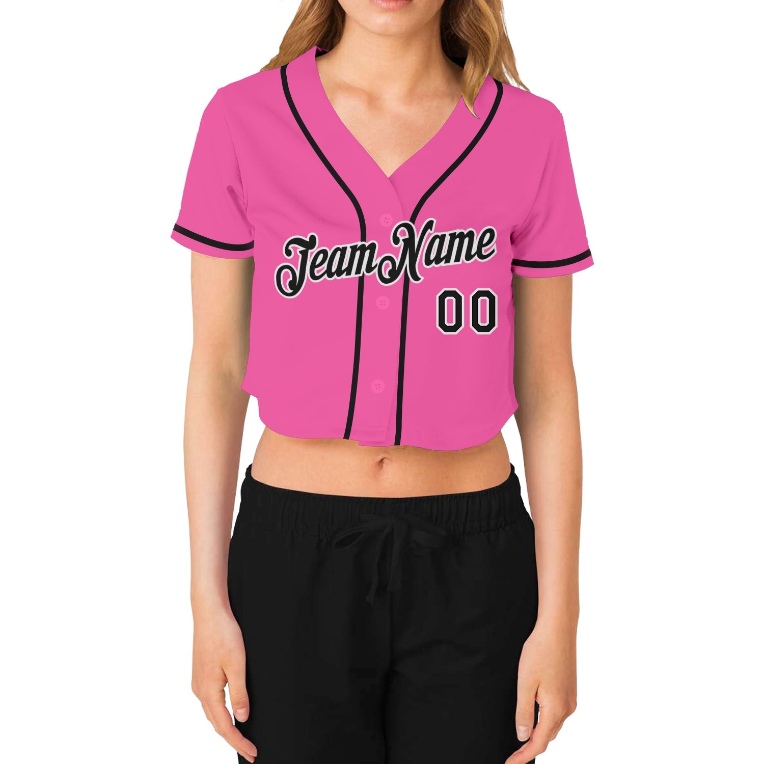 Custom Women's Pink Black-White V-Neck Cropped Baseball Jersey - Sky-Custom