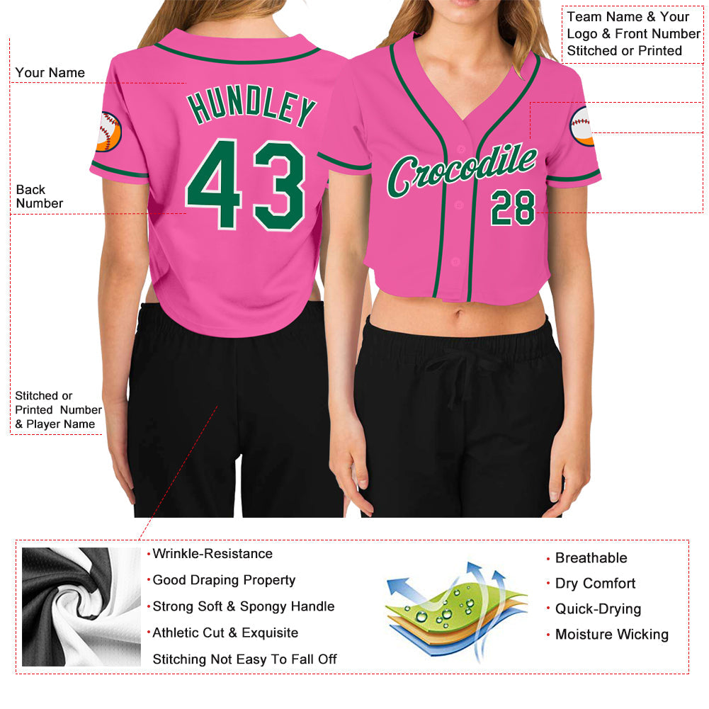Custom Women's Pink Kelly Green-White V-Neck Cropped Baseball Jersey - Sky-Custom