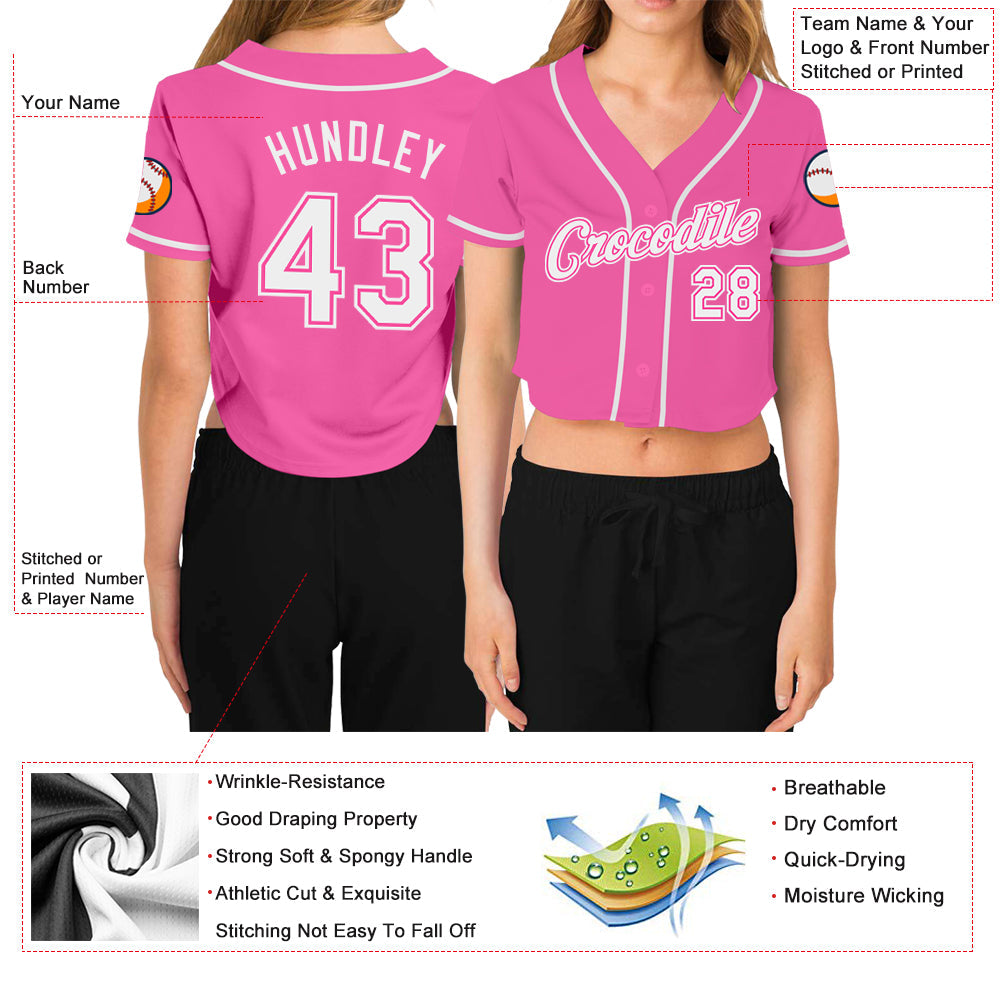 Custom Women's Pink White V-Neck Cropped Baseball Jersey - Sky-Custom