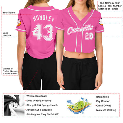 Custom Women's Pink White V-Neck Cropped Baseball Jersey - Sky-Custom