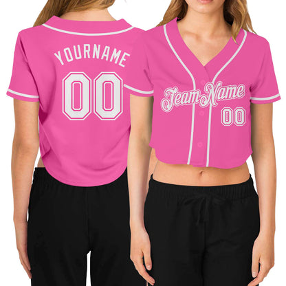 Custom Women's Pink White V-Neck Cropped Baseball Jersey - Sky-Custom