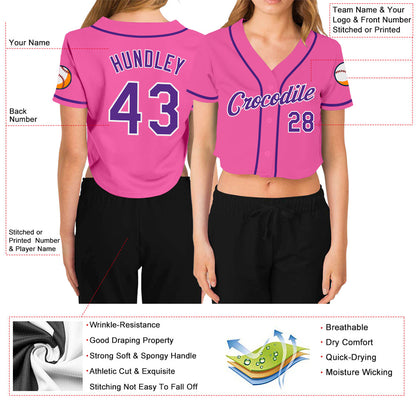 Custom Women's Pink Purple-White V-Neck Cropped Baseball Jersey - Sky-Custom