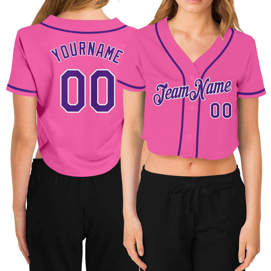 Custom Women's Pink Purple-White V-Neck Cropped Baseball Jersey - Sky-Custom