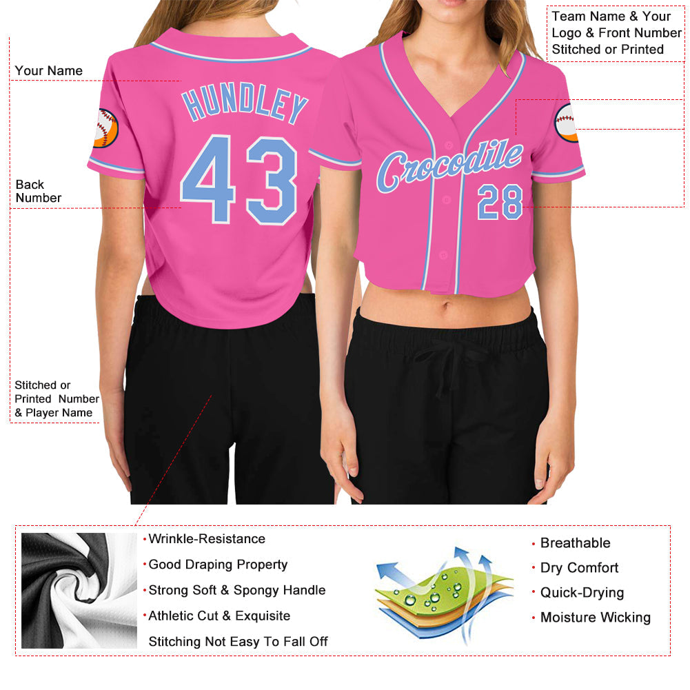 Custom Women's Pink Light Blue-White V-Neck Cropped Baseball Jersey - Sky-Custom