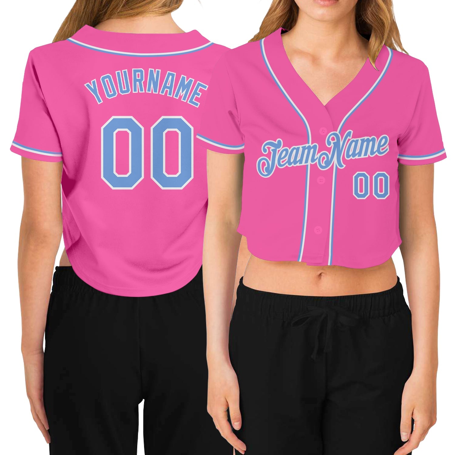 Custom Women's Pink Light Blue-White V-Neck Cropped Baseball Jersey - Sky-Custom