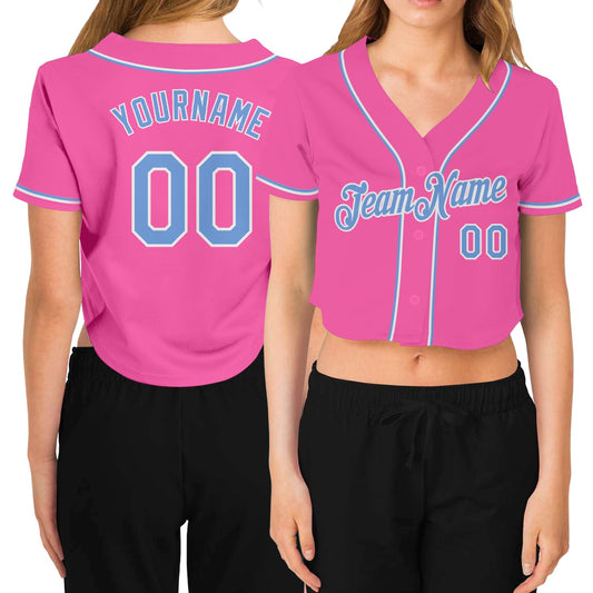 Custom Women's Pink Light Blue-White V-Neck Cropped Baseball Jersey - Sky-Custom