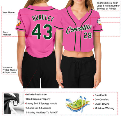 Custom Women's Pink Green-White V-Neck Cropped Baseball Jersey - Sky-Custom
