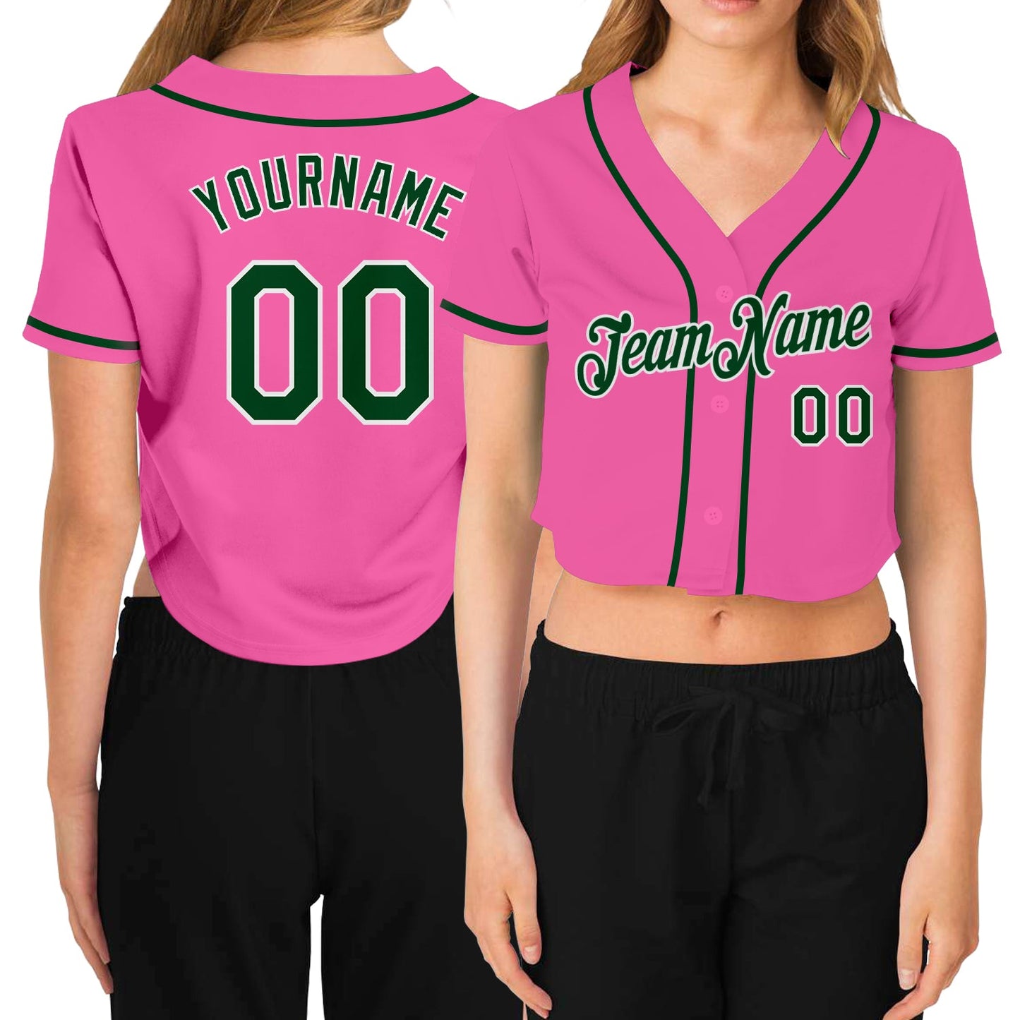 Custom Women's Pink Green-White V-Neck Cropped Baseball Jersey - Sky-Custom