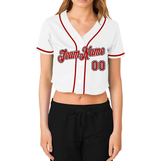 Custom Women's White Red-Black V-Neck Cropped Baseball Jersey - Sky-Custom