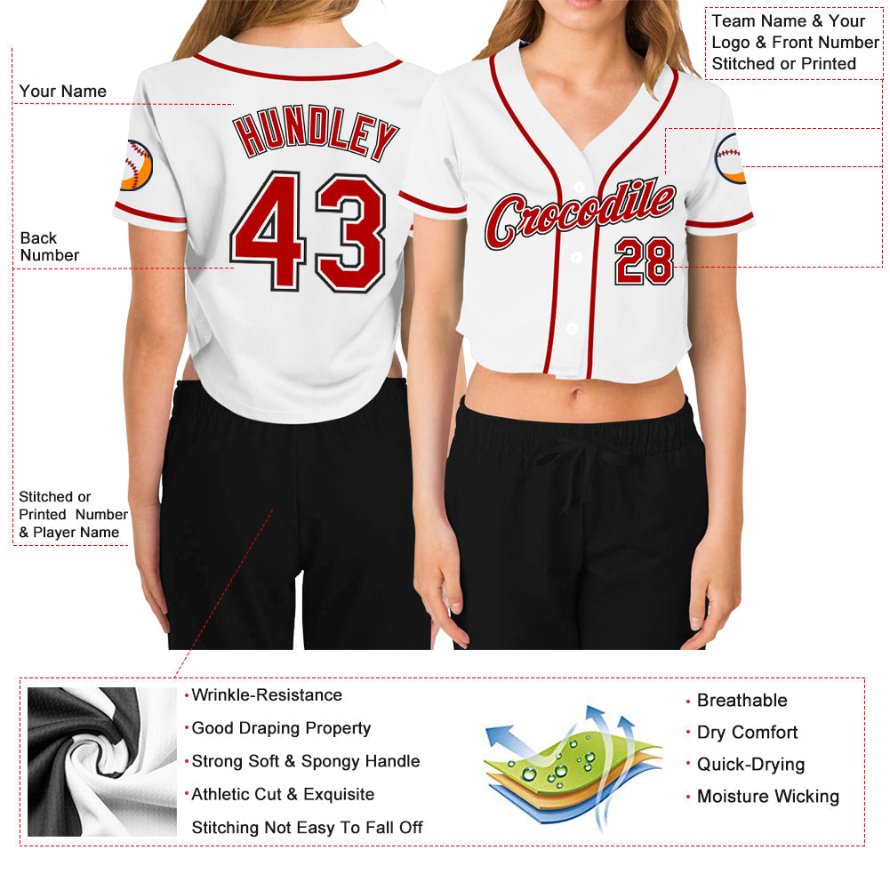 Custom Women's White Red-Black V-Neck Cropped Baseball Jersey - Sky-Custom