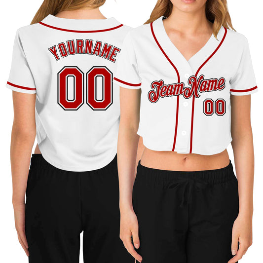 Custom Women's White Red-Black V-Neck Cropped Baseball Jersey - Sky-Custom