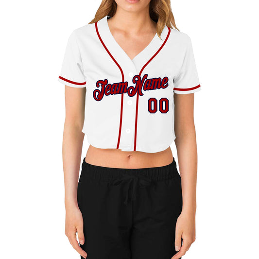 Custom Women's White Red-Navy V-Neck Cropped Baseball Jersey - Sky-Custom