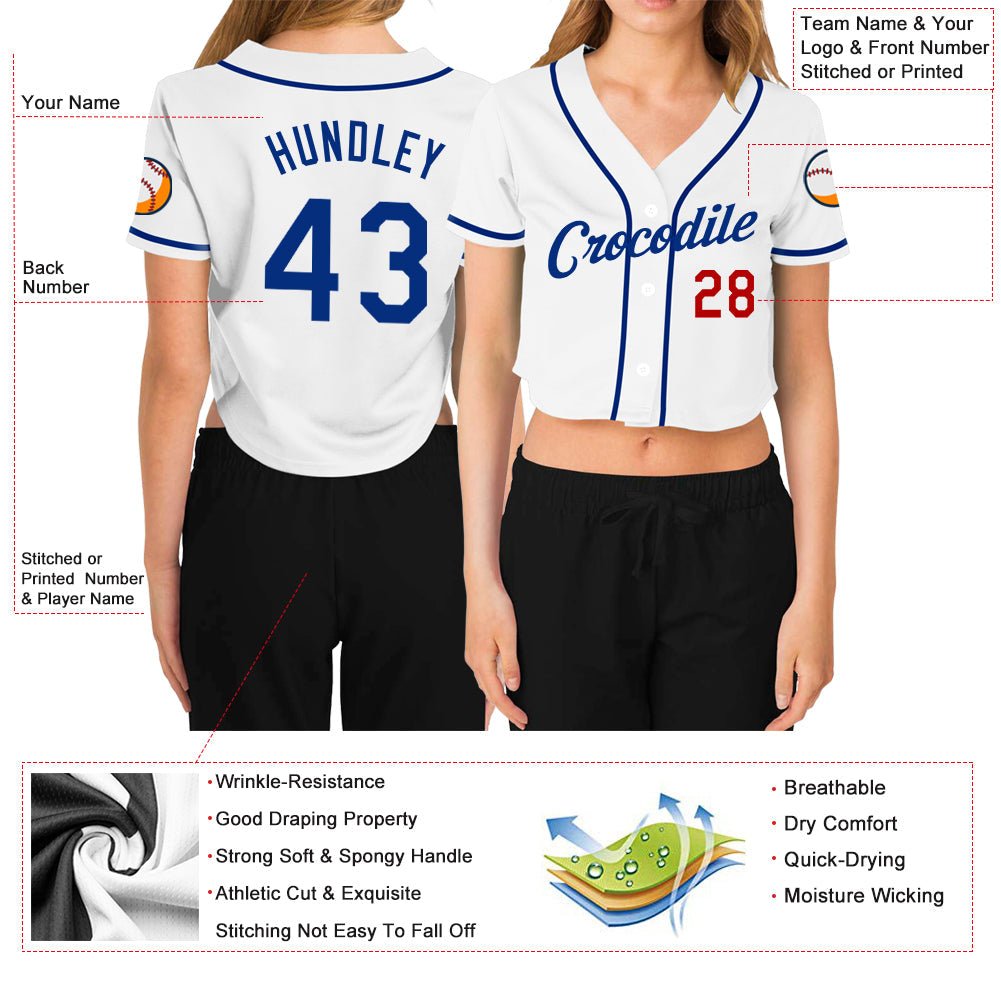 Custom Women's White Royal-Red V-Neck Cropped Baseball Jersey - Sky-Custom