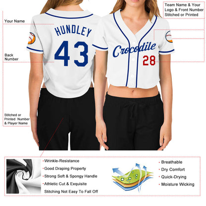 Custom Women's White Royal-Red V-Neck Cropped Baseball Jersey - Sky-Custom