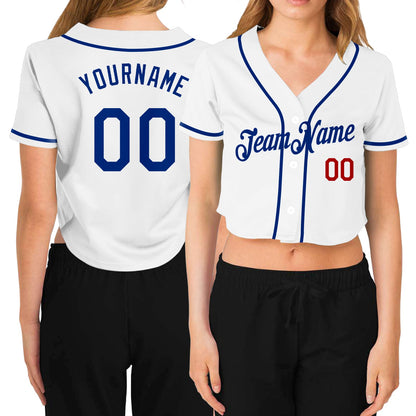 Custom Women's White Royal-Red V-Neck Cropped Baseball Jersey - Sky-Custom
