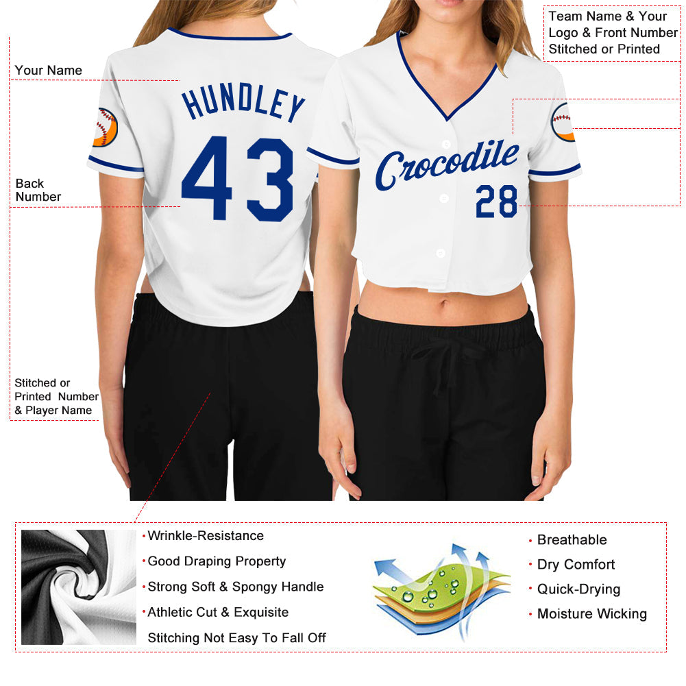 Custom Women's White Royal V-Neck Cropped Baseball Jersey - Sky-Custom