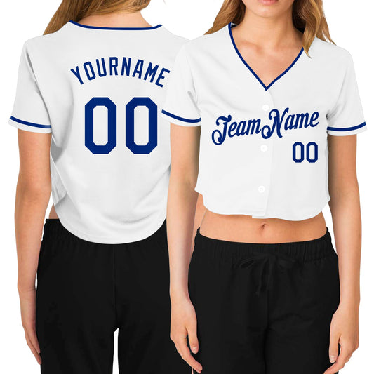 Custom Women's White Royal V-Neck Cropped Baseball Jersey - Sky-Custom