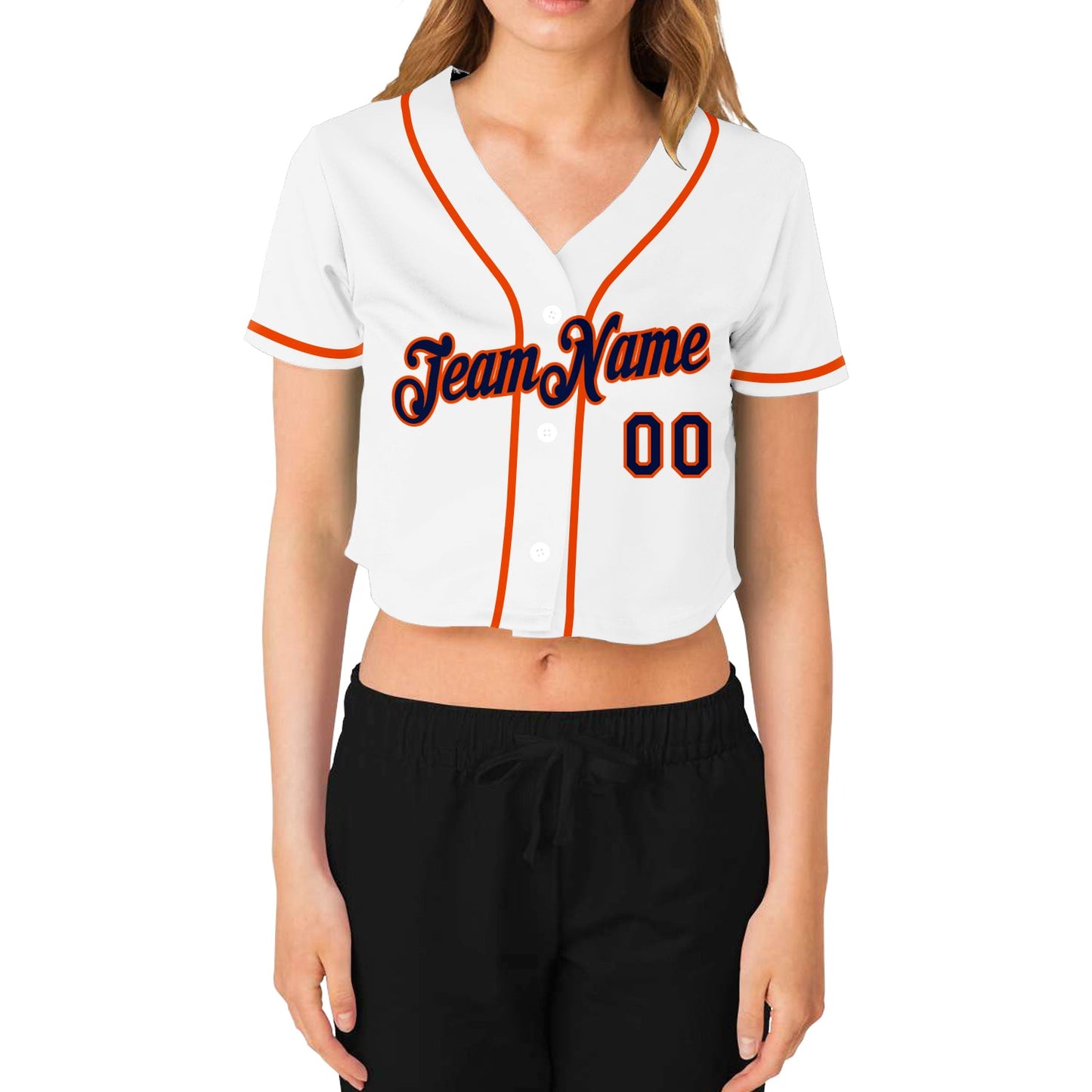 Custom Women's White Navy-Orange V-Neck Cropped Baseball Jersey - Sky-Custom