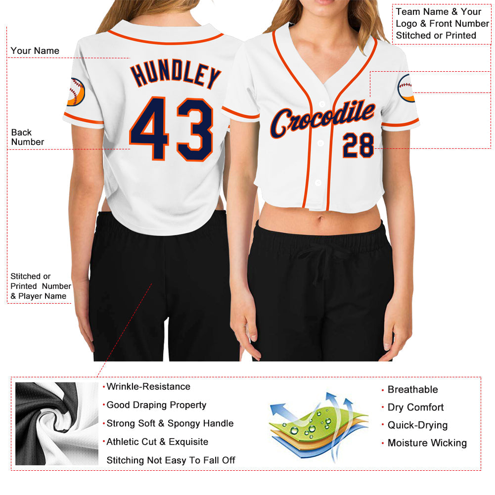 Custom Women's White Navy-Orange V-Neck Cropped Baseball Jersey - Sky-Custom