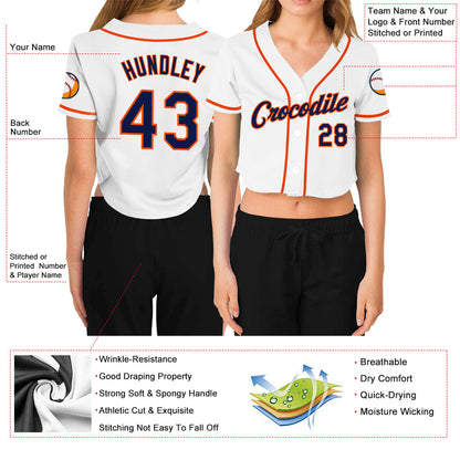 Custom Women's White Navy-Orange V-Neck Cropped Baseball Jersey - Sky-Custom