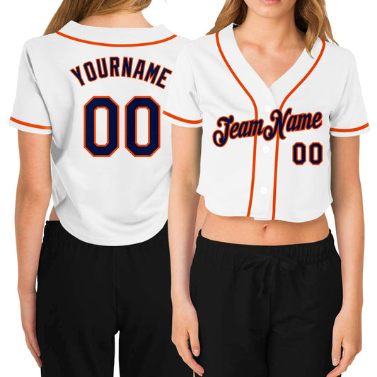 Custom Women's White Navy-Orange V-Neck Cropped Baseball Jersey - Sky-Custom