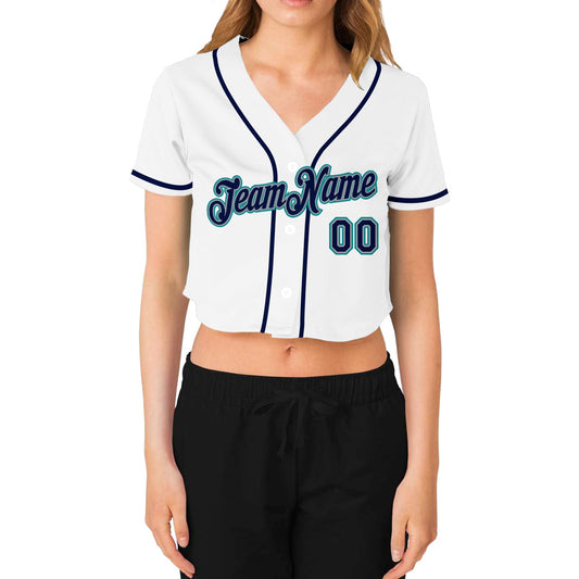Custom Women's White Navy Gray-Aqua V-Neck Cropped Baseball Jersey - Sky-Custom