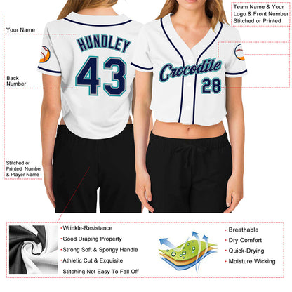 Custom Women's White Navy Gray-Aqua V-Neck Cropped Baseball Jersey - Sky-Custom