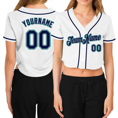 Custom Women's White Navy Gray-Aqua V-Neck Cropped Baseball Jersey - Sky-Custom