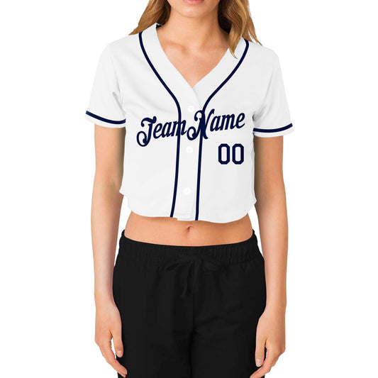Custom Women's White Navy V-Neck Cropped Baseball Jersey - Sky-Custom