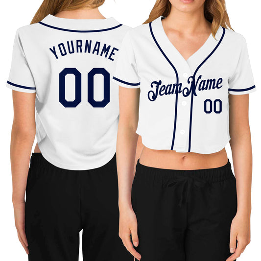 Custom Women's White Navy V-Neck Cropped Baseball Jersey - Sky-Custom
