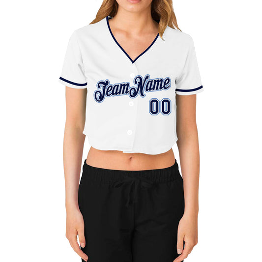 Custom Women's White Navy-Light Blue V-Neck Cropped Baseball Jersey - Sky-Custom