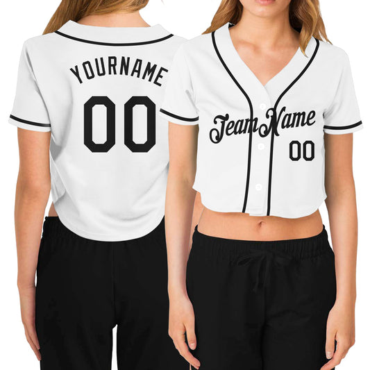 Custom Women's White Black V-Neck Cropped Baseball Jersey - Sky-Custom