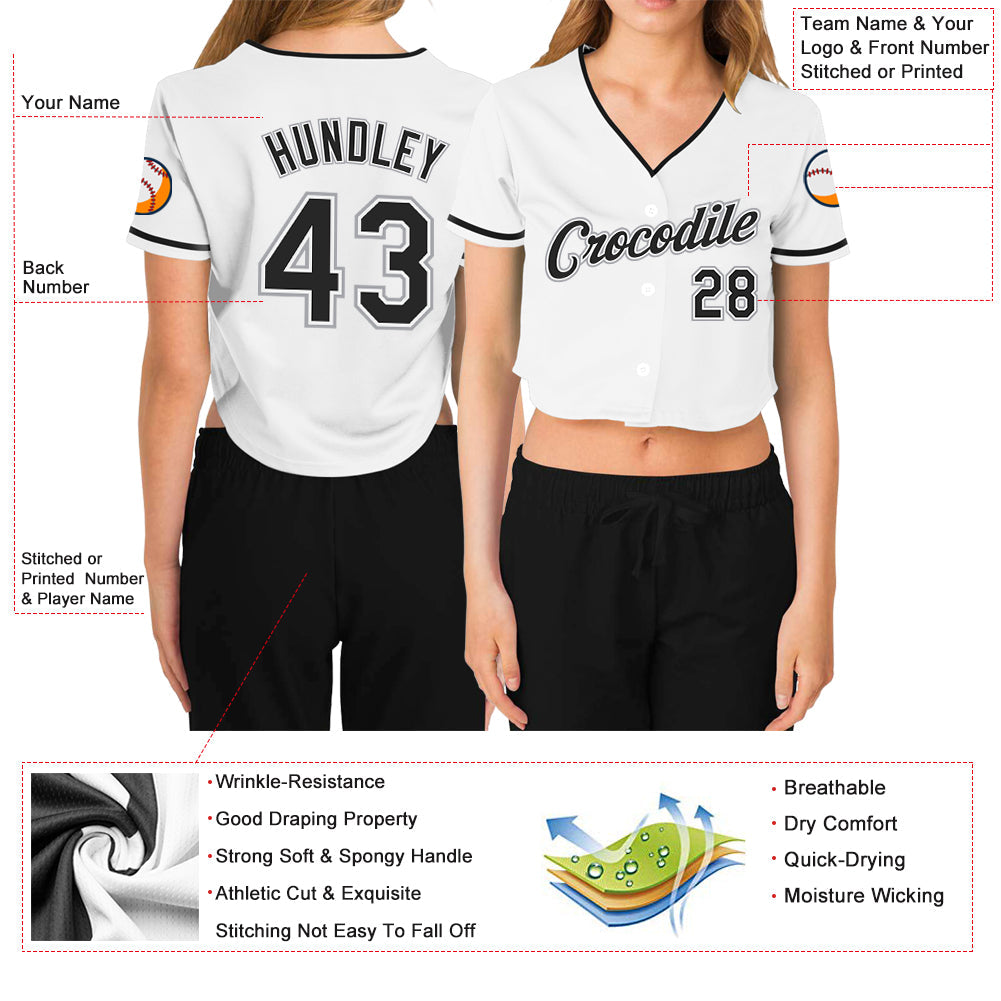 Custom Women's White Black-Gray V-Neck Cropped Baseball Jersey - Sky-Custom