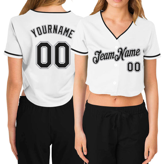 Custom Women's White Black-Gray V-Neck Cropped Baseball Jersey - Sky-Custom