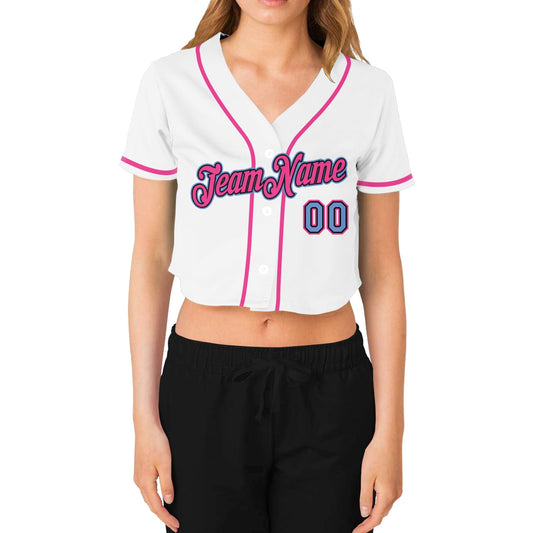 Custom Women's White Light Blue Black-Pink V-Neck Cropped Baseball Jersey - Sky-Custom