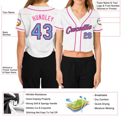 Custom Women's White Light Blue Black-Pink V-Neck Cropped Baseball Jersey - Sky-Custom