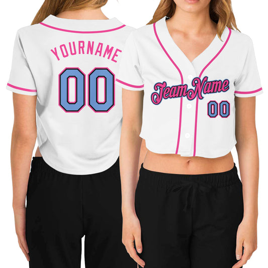 Custom Women's White Light Blue Black-Pink V-Neck Cropped Baseball Jersey - Sky-Custom