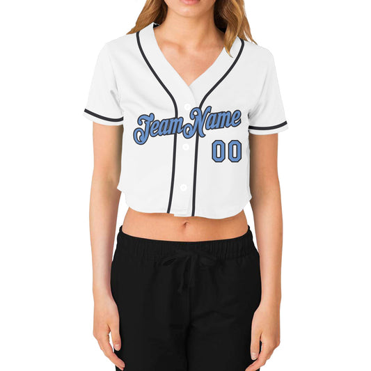 Custom Women's White Light Blue-Steel Gray V-Neck Cropped Baseball Jersey - Sky-Custom