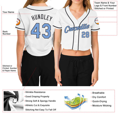 Custom Women's White Light Blue-Steel Gray V-Neck Cropped Baseball Jersey - Sky-Custom