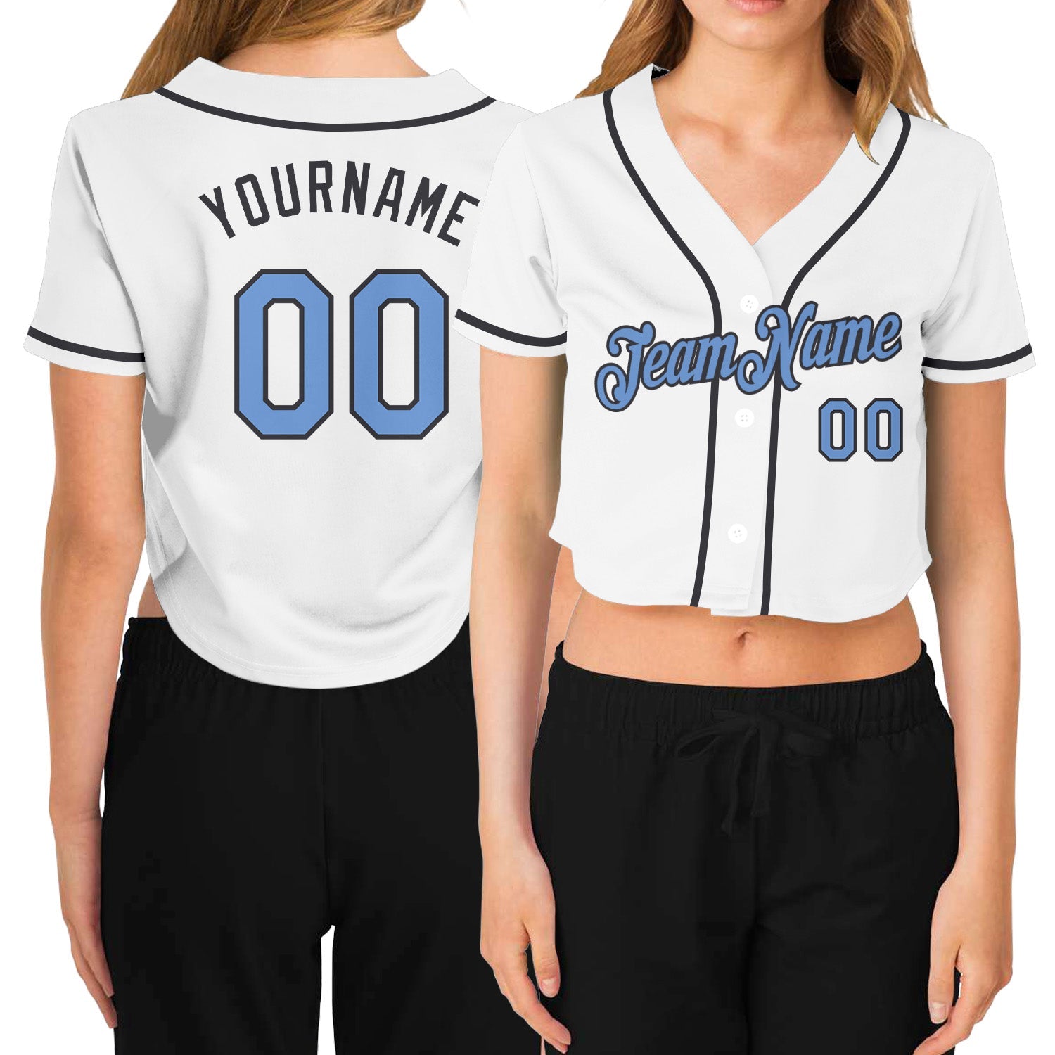 Custom Women's White Light Blue-Steel Gray V-Neck Cropped Baseball Jersey - Sky-Custom