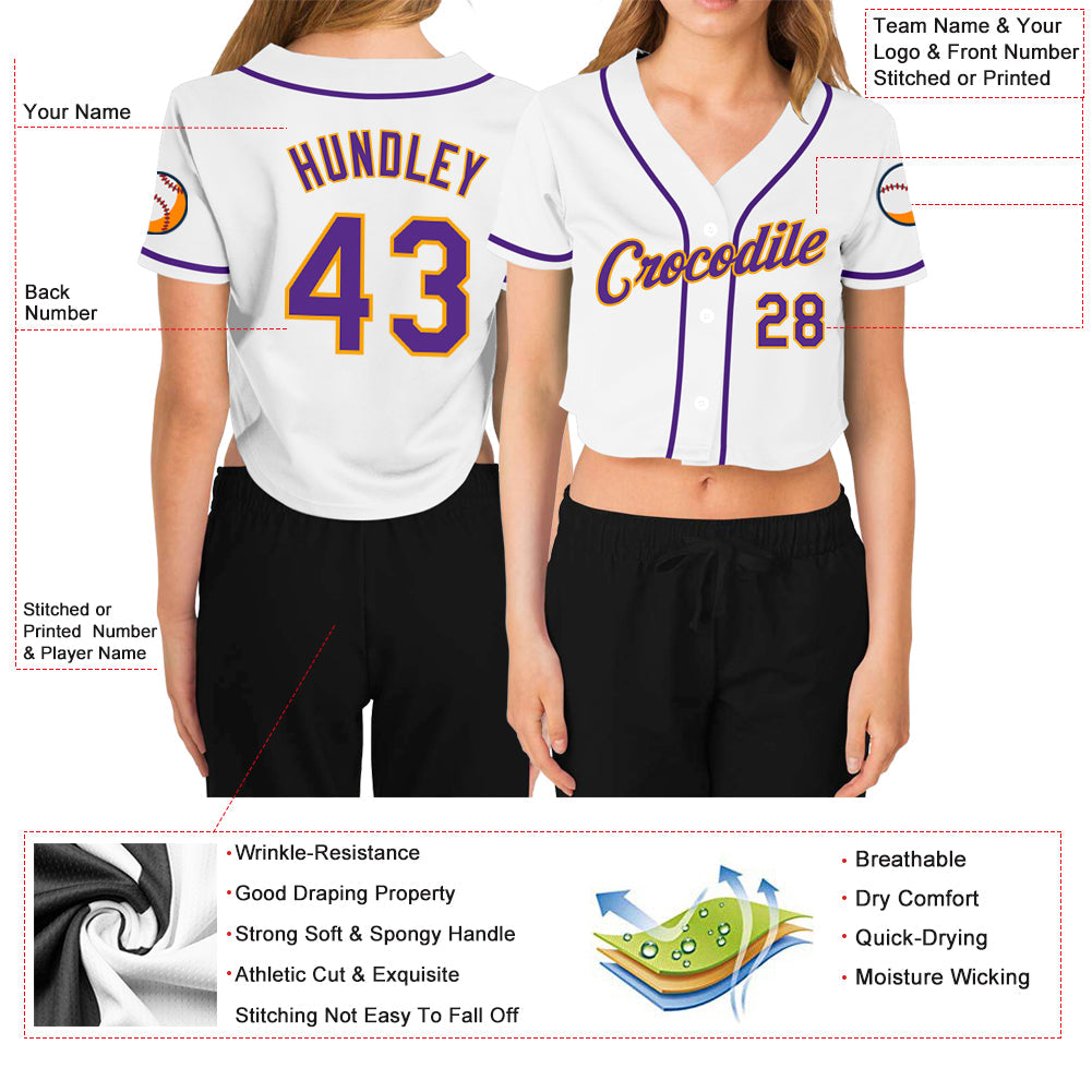 Custom Women's White Purple-Gold V-Neck Cropped Baseball Jersey - Sky-Custom